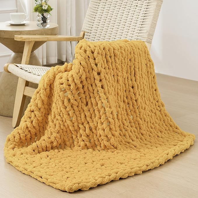 Bigacogo Chunky Knit Throw Blanket for Couch, 40x40 inches, Mustard Yellow | Hand Knit with Jumbo Chenille, Soft Breathable Cable Knit for Sofa Bed Living Room, Machine Washable, Gift for Mom Friend