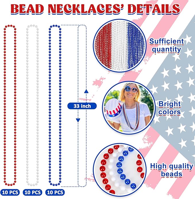 4th of July Necklace Decorations, 30PCS 4th of July Beads Necklaces Accessories, Metallic Patriotic Independence Day Red Blue White Bulk, Beads Necklace for Memorial Day Patriotic Parades Party Favors