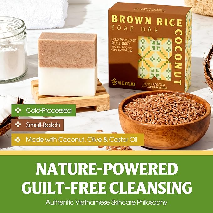 Brown Rice & Coconut Milk 2-in-1 Soap Bar (4.2 oz) | Gentle Exfoliation & Nourishing Cleanse | Cold-Processed, Handmade in Vietnam for Smooth, Fresh Skin