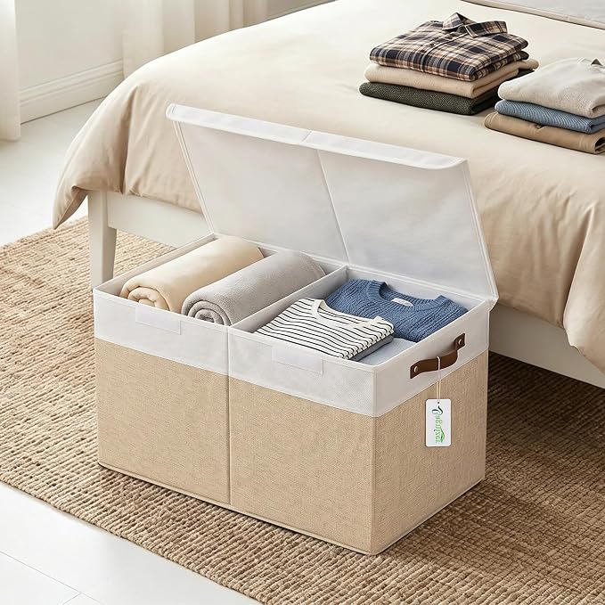 Large Toy Storage Box with Lids, Collapsible Sturdy Baby Storage Organizer Chest Bin Basket for Kids, Boys, Girls, Playroom, Nursery, Bedroom, Closet 25"x13"x16" (Beige and White)