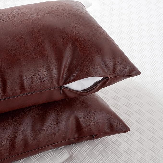Fancy Homi Burgundy Boho Long Lumbar Faux Leather Body Decorative Throw Pillow Cover 14x40 Inch for Bed Couch Sofa Bench, Thick Stylish Solid Wine Red Pillowcase, Rustic Modern Farmhouse Room Decor