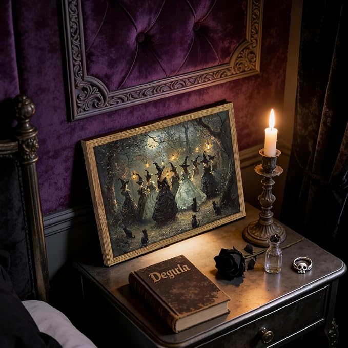 Framed Vintage Halloween Witches Wall Art, Dark Academia Gothic Black Cat Painting Canvas Prints, Halloween Wall Decor, Coven of Witches Dancing Scene Forest Poster for Living Room 12x16in