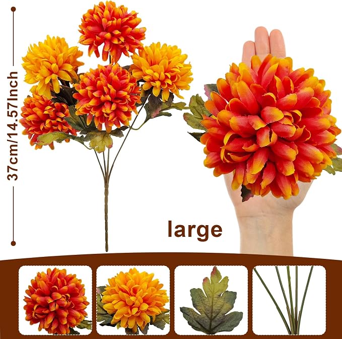 4 Bundles Large Artificial Fall Flowers Faux Mums for Outdoor Planters | Silk Fake Chrysanthemums Bouquet for Home Vase Outside Front Porch Table Floral Arrangement Wedding Autumn Decor