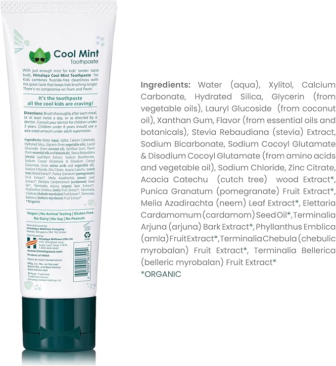 Himalaya Botanique Kids Toothpaste, Cool Mint, Fluoride-Free, Gentle, No Artificial Colors, SLS Free, Gluten Free, Cruelty Free, Vegan, Foaming, 4 Oz, 1 Pack…