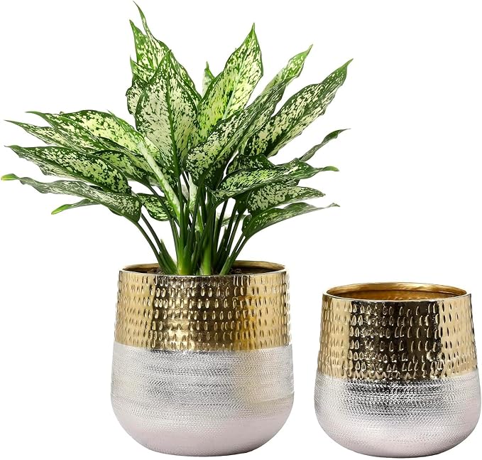 MyGift Hammered Brass and Silver Metal Planters, Handcrafted, 2 Pack | Handcrafted in India, these textured two-tone planters add an elegant metallic accent for indoor plants, flowers, and décor