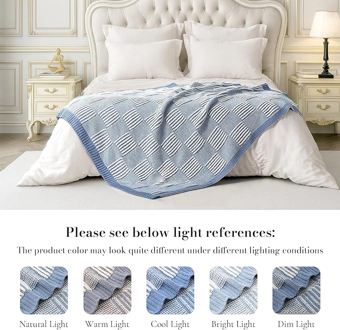Knit Throw Blanket, Soft Chenille Cozy Breathable Dual Tone Checkered Chunky Decorative Blanket for Couch, Bed & Sofa, French Lightweight Warm Gift for Women, Washed Blue, 60"x80"