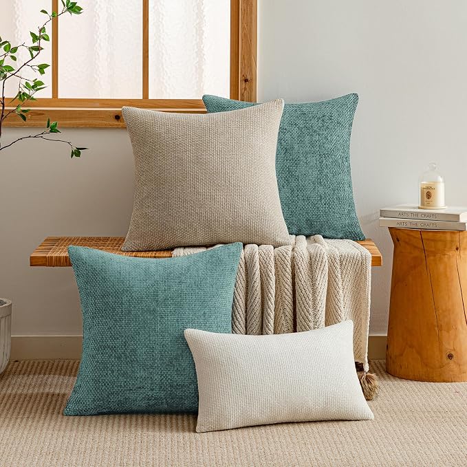 a moment Teal Chenille Throw Pillow Covers 18x18 Inch Pack of 2 Modern Decorative Throw Pillow Covers Farmhouse Cross Covers Home Decor for Sofa Bedroom Living Room