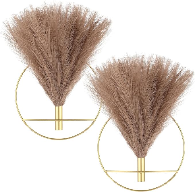 Pretty Jolly Boho Pampas Wall Decor Gold Metal Wall-Mounted Art | Morden Artificial Greenery Display，2 Pack Coffee Hanging Planter For Living Room, Bedroom, Bathroom, Dining room