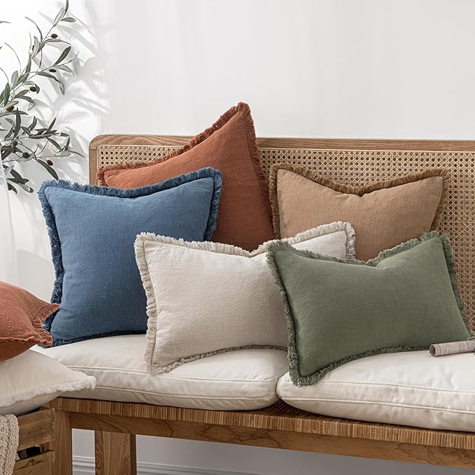MIULEE Linen Fringe Decorative Lumbar Throw Pillow Covers Blue Ashes 12x20 | Set of 2, Cottagecore Decor, Boho Farmhouse Coastal Pillow Covers, Rustic Couch Cushion Cases for Sofa Bed Living Room
