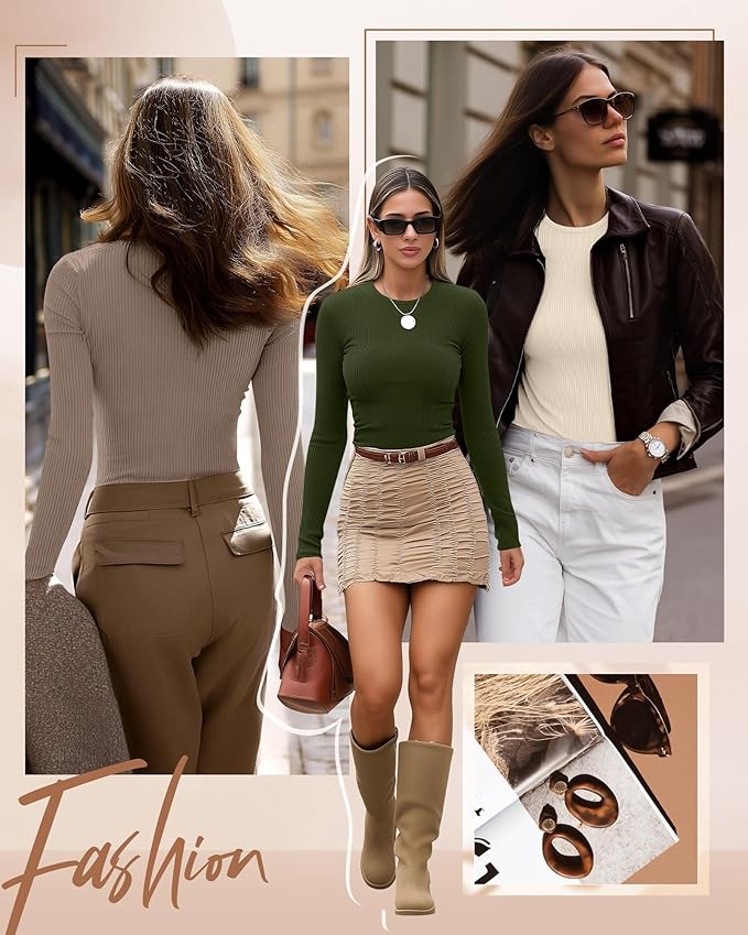 Ficerd 3 Pack Women's Ribbed Long Sleeve Tops, Crew Neck Slim Fit Undershirts Knit Basic Casual Stretch Layering Tee Shirts
