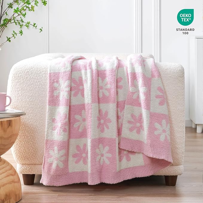 Snuggle Sac Checkered Blanket, Pink Flower Throw Blanket for Couch Plaid Microfiber Fluffy Warm Cozy Fuzzy Soft Throw Blanket Reversible Checkered Blankets for Sofa, Chair, Bed, 60x80 inches