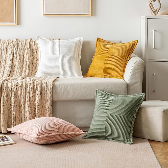 MIULEE Decorative Lumbar Throw Pillow Covers 12x20 Light Olive Green 2 Pack | Boho Broadside Striped Patchwork Pillow Covers, Soft Corduroy Cushion Cases, For Couch Sofa Bed Livingroom Home Decor