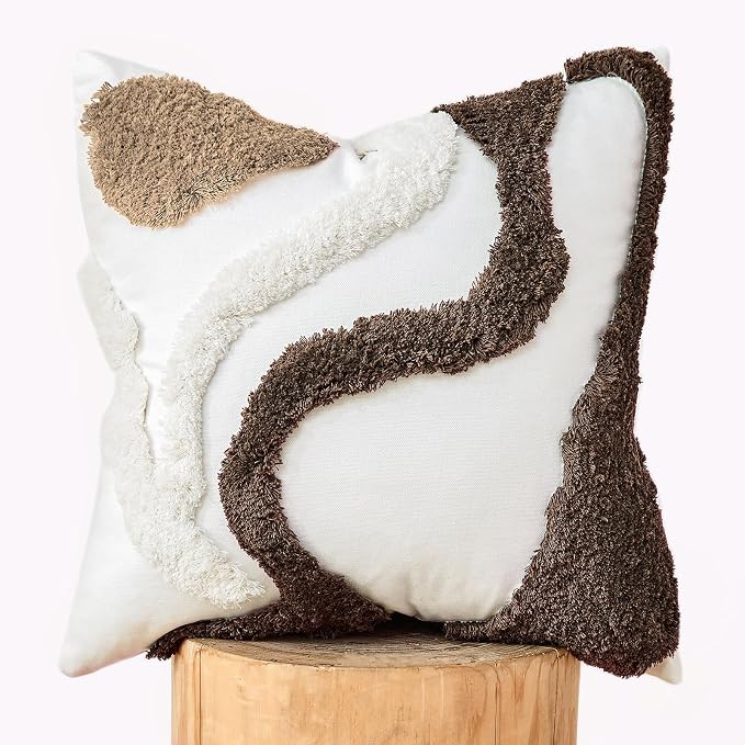 lifein 18x18 Pillow Covers-Throw Pillow Covers Boho Couch Pillows Embroidered Decorative Accent Pillows Mid Century Textured Pillowcases for Couch Sofa Living Room Bed (Brown and Cream)