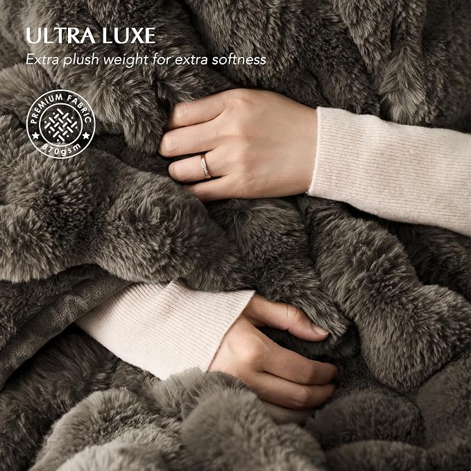 Faux Rabbit Fur Bubble Throw Blanket, 90"x90", Dark Taupe | Ultra Soft, Luxury Faux Rabbit Fur Throw, Thick Warm Bubble Blanket, Cozy Fluffy Reversible, for Bed, Couch, Chair, Sofa