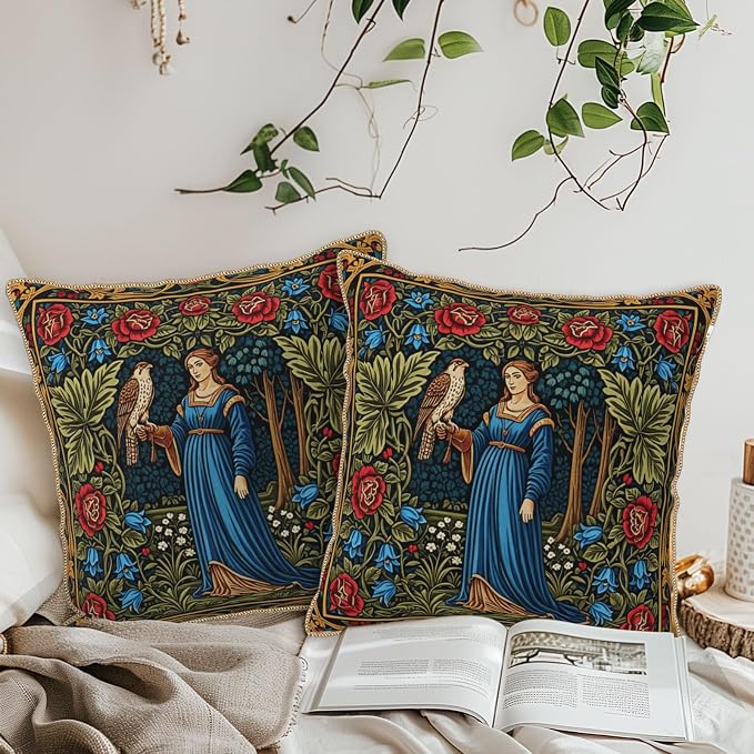 Vintage Floral Leaves Velvet Pillow Covers 18x18 Inch Tapestry Art Red Blue Flowers Bird Throw Pillows For Couch Cushion Covers Pillowcase European French Country Pillow Cases for Sofa Bed Bedroom
