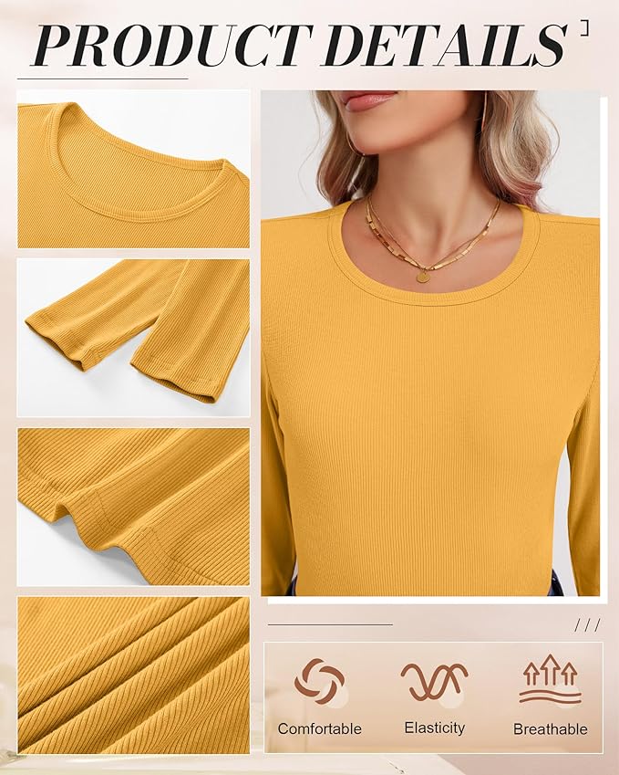 Ficerd 3 Pack Women's Ribbed Long Sleeve Tops, Crew Neck Slim Fit Undershirts Knit Basic Casual Stretch Layering Tee Shirts