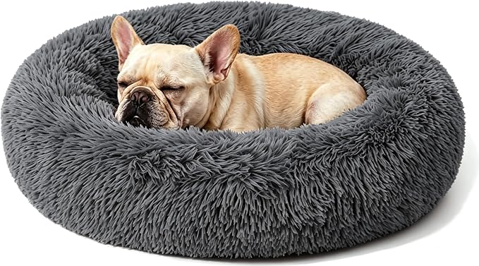 Calming Large Donut Dog and Cat Bed, Anti-Anxiety Round Soft Fluffy Plush Faux Fur Washable Anti-Slip Pet Bed for Medium Dogs Up to 35 lbs 28in Dark Gray