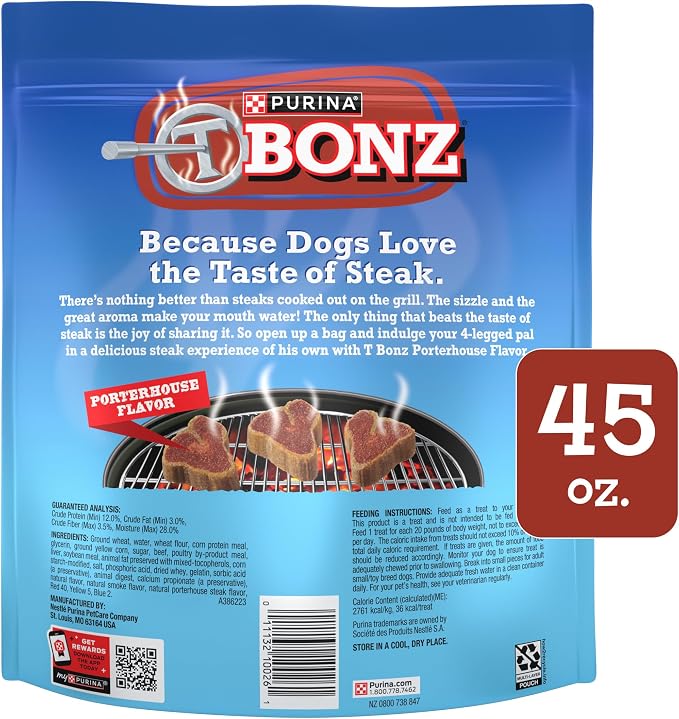 Purina T-Bonz Steak Shaped Dog Treats, Porterhouse Flavor, 45 oz Pouch | Treats for dogs made with real beef, produced in USA facilities, delicious steak flavor