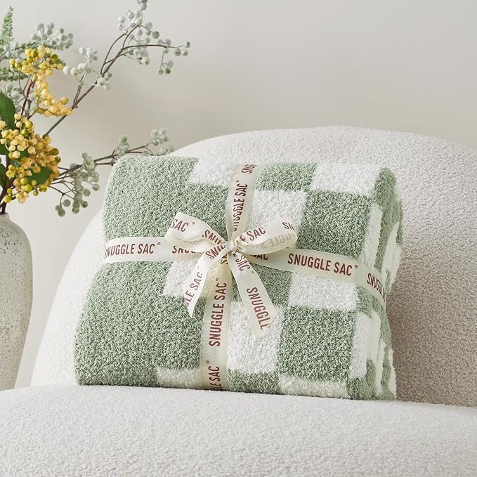 Snuggle Sac Checkered Bedding Blanket Twin Size 60x80, Super Soft Cozy Warm Knit Blankets, Reversible Breathable Lightweight Fluffy Throws for Sofa, Bed, Checkered Sage Green, 60x80 Inches
