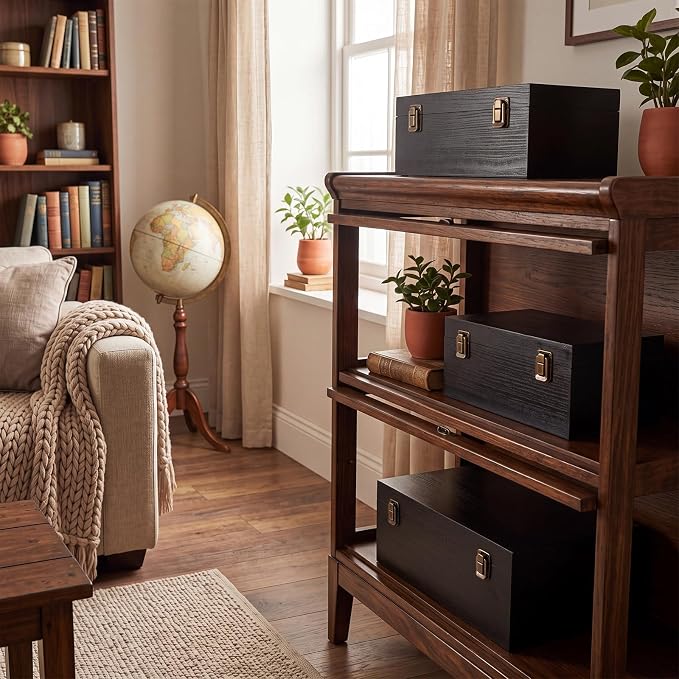 Sliner 3 Pcs Wooden Decorative Storage Boxes with Lids Vintage Wood Organizer Bins for Your Bookshelf Home Decor Safely Store Photos Documents Memory Jewelry Craft Storage (Glossy Black,S M L Size)