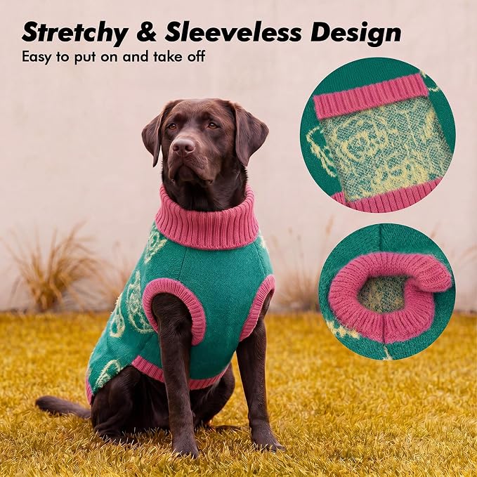 IDOMIK Dog Knit Sweaters for Small Dogs, Sleeveless Pet Pullover Sweater,S | Turtleneck Green Dog Sweater, Stretchy Knit Dog Clothes, Warm Puppy Sweater for Winter Daily Wear, Cute Cat Pattern