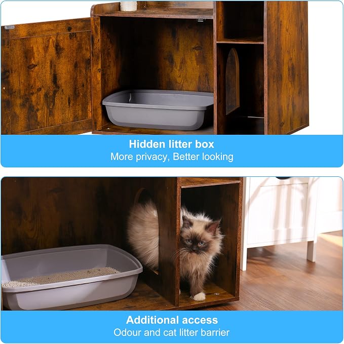 Hey-brother Cat Tree Tower, Food Station, XL Litter Box Enclosure, MPJ101SR | 48.81 Inches Wooden All-in-one Cat Furniture, Large Hammock, Bed, Scratching Posts, Big Basket for Indoor Cats, Rustic Brown