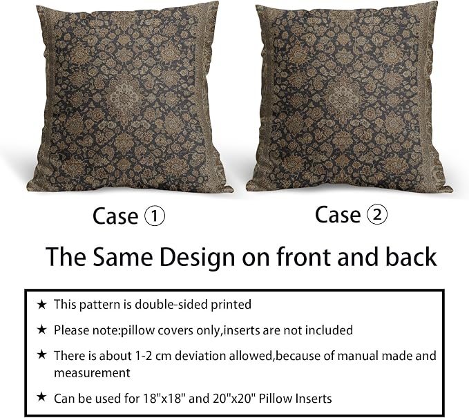 Vintage Boho Carpet Brown Black Pillow Covers 16x16 Inch Set of 2 Antique Bohemian Floral Print Linen Throw Pillow Cases Outdoor Linen Cushion Cover Farmhouse Decor for Bedroom Home Sofa Couch Bed