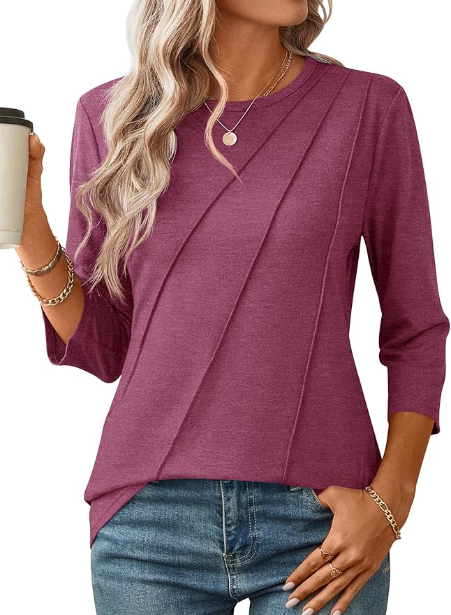 LOMON 3/4 Length Sleeve Womens Tops Spring Summer Fashion 2026 Tops Crew Neck Pleated Shirts Tunic Top Loose Fit