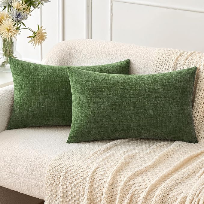 MIULEE Soft Chenille Lumbar Throw Pillow Covers Moss Green 12x20 Pack of 2 | Modern Home Decor, Classic Decorative Pillows, Solid Dyed Cases, Boho Couch Cushion Covers for Sofa Bed Living Room