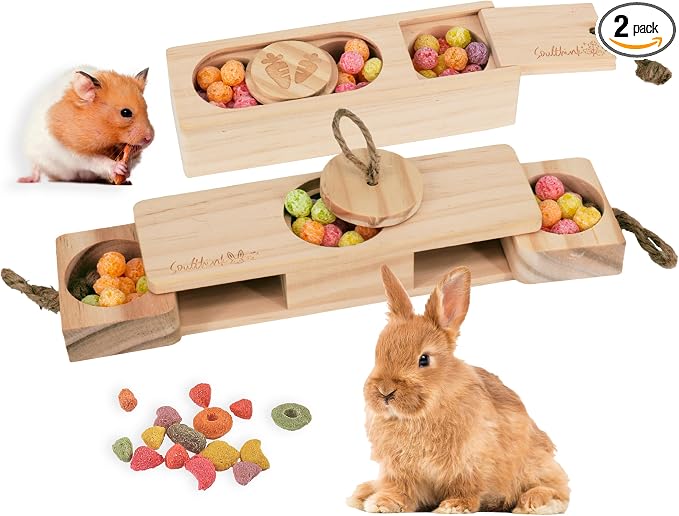 SoulThink® Advanced Interactive Wooden Pet Rabbit Toys - Sniff n' Snack Bunny Chew Toys for Rabbit Treats, Suited for Chinchilla Foraging, Guinea Pigs Boredom, and Hamster Enrichment (2 Set)