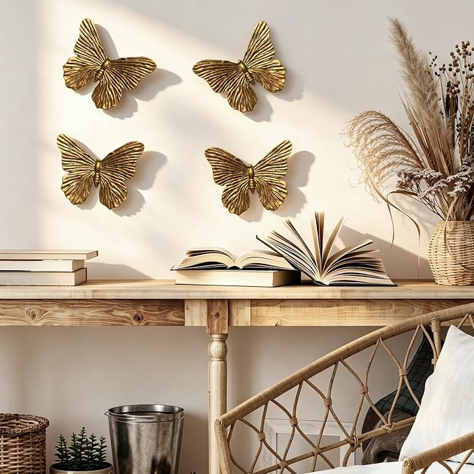 SIYOTTA Vintage 3D Butterfly Wall Art 4Pcs 5"×4" Resin Indoor Outdoor Decor | Handcrafted Vintage Resin Butterfly Wall Decor, Weatherproof for Living Room Bedroom Garden Yard Gallery Use