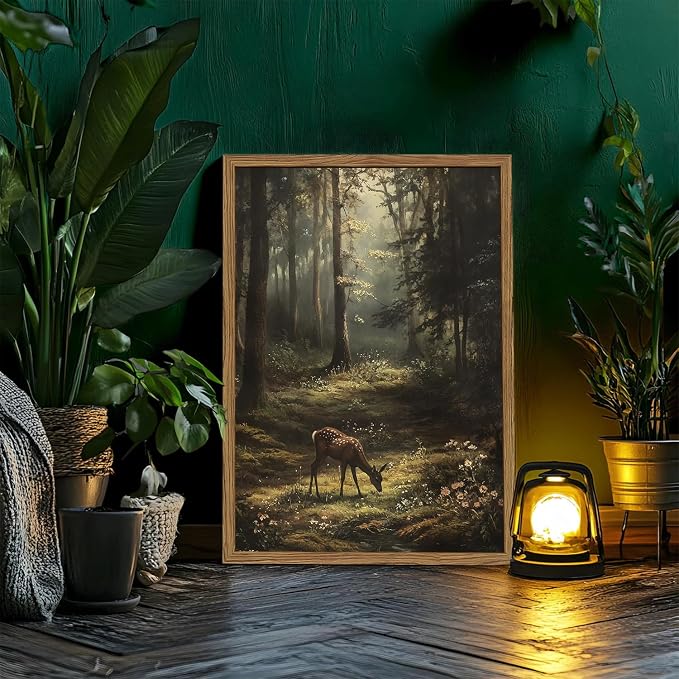 Framed Vintage Forest Deer Canvas Wall Art, Rustic Nature Landscape Paintings Wall Decor, Woodland Animal Pictures Prints Cottagecore Home Decor for Living Room Bedroom Office 12x16 inch