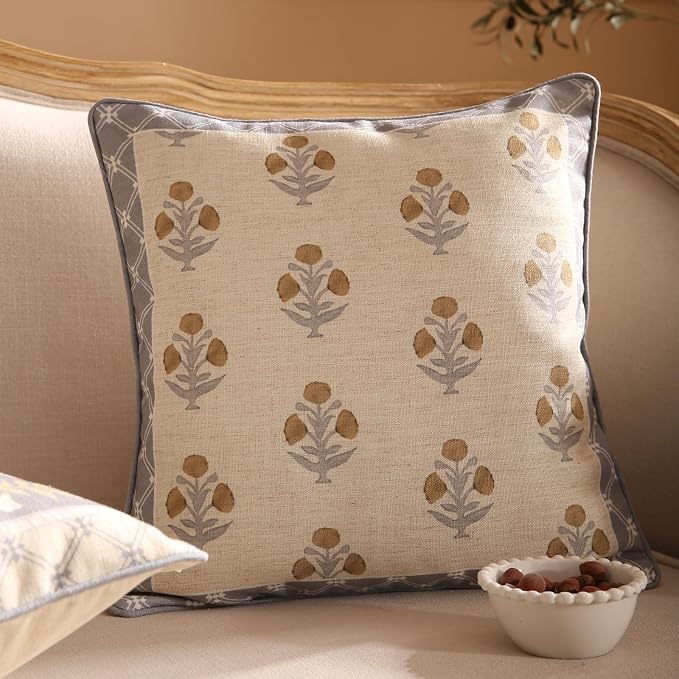patdrea French Vintage Linen Throw Pillow Cover,18"x18",Set of 2-Istana A | Decorative Pillow Case with Zipper,Brown Floral Pattern,Pillow Cover for Couch Living Room Bedroom Sofa