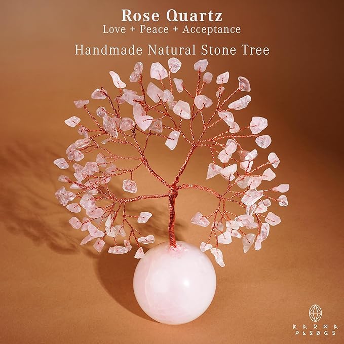 Rose Quartz Crystal Tree of Life Birthday Gifts for Women, Handmade Home Decor, Office, Room Decoration, Reiki Healing Crystal Chakra Tree for Money, Positivity, Good Luck Gifts for Her, Mom & Dad