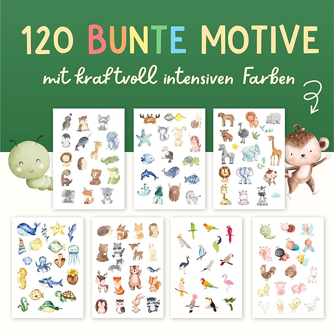 120 Skin-friendly Kids Tattoos - Dermatologically Tested & Rated VERY GOOD - Made in Germany - Our Temporary Tattoos for Kids (Animals Theme)