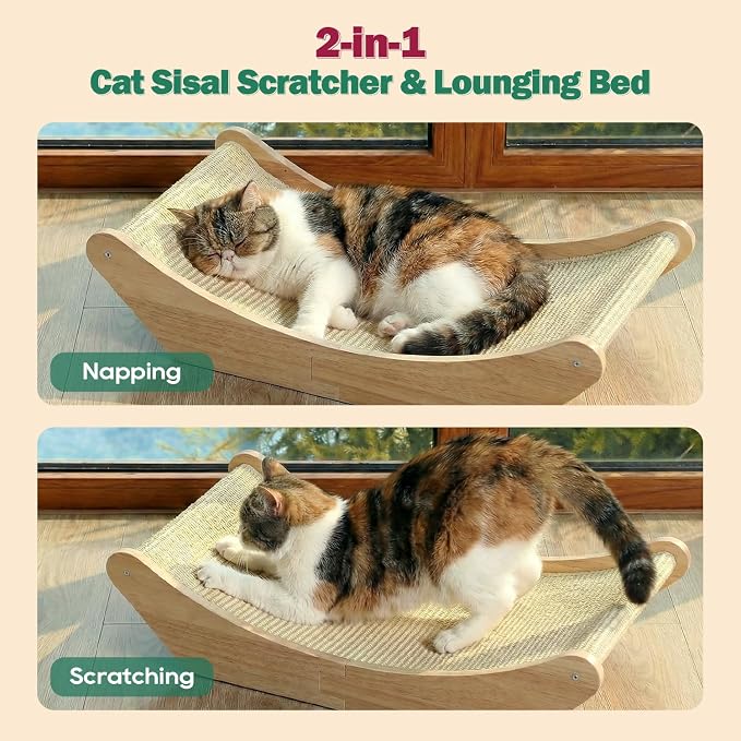 Zakkart Cat Sisal Scratching Bed Hammock, 2-in-1 Cat Scratcher & Lounging Bed, 100% Natural Sisal Mat, Solid Wood Frame, Cat Furniture Protector (Medium, Natural Color)
