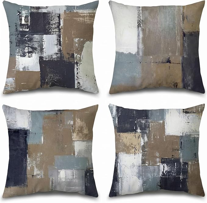 Brown Grey Abstract Throw Pillow Covers 20x20 Set of 4 | Brown, Grey & Taupe Modern‑Art Cushion Cases, neutral accent pillowcases for sofa, bedroom & chair