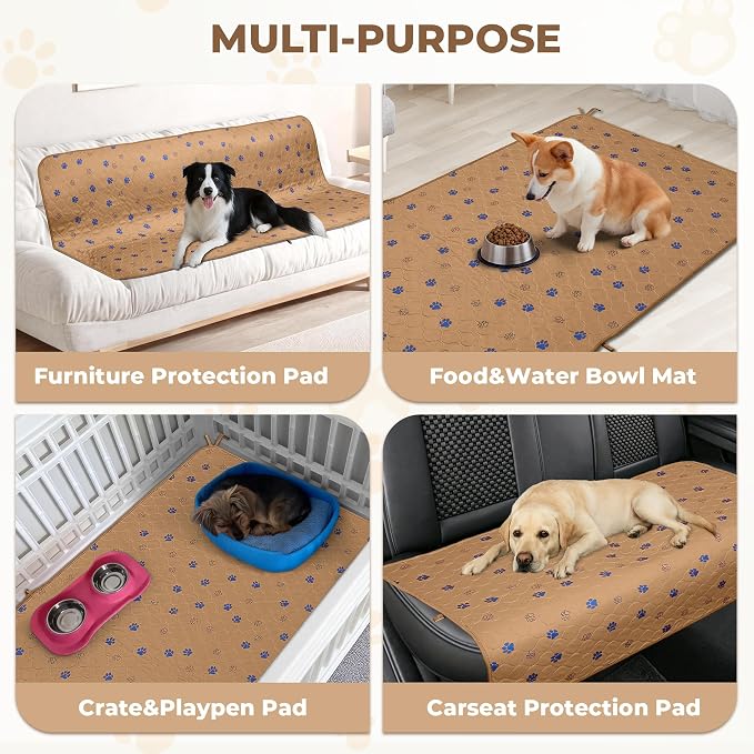 Fostanfly Washable Pee Pads for Dogs, Leak-Proof, 36"x72"-2 Pack, Brown | Ultra-Absorbent, Waterproof, Non-Slip, Large Reusable Pee Pads for Puppy Potty Training, Crate and Playpen with 8 Tie Straps