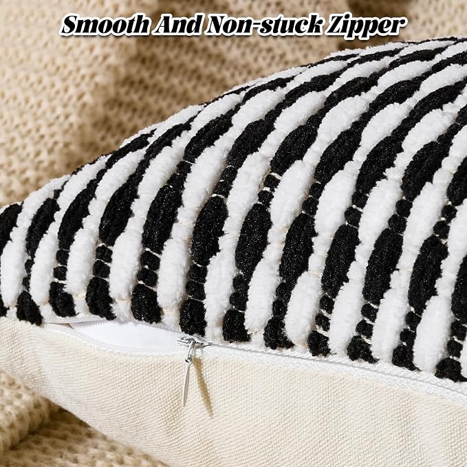 Set of 2 Boho Chenille Pillow Cover Decorative Tufted Pillowcase for Couch Bed Sofa Bedroom Living Room Modern 12 x 20-Inch Black