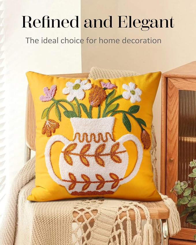 Embroidered Throw Pillow Cover - 18x18 Decorative Pillow Cover with Zipper Aesthetic Cute Design Boho Spring Summer Cozy Throw Pillowcase for Living Room Couch Sofa Bed, Floral Vase