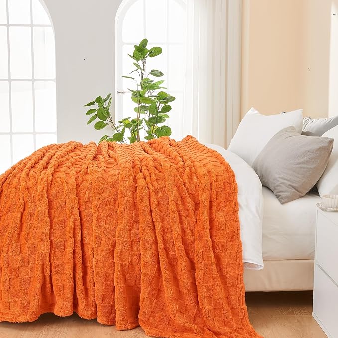 NEWCOSPLAY 3D Checkered Flannel Throw Blanket, Orange Checkered, 50"x70" | Super Soft Cute Lightweight Decorative Premium Silky Fleece Blanket for Couch Sofa Bed, Gift for Women Men, All Season Use
