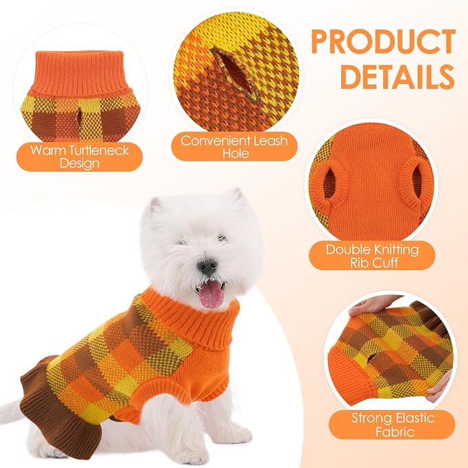 Dog Sweater Dress Plaid Knitwear for Small Medium Dogs Warm Puppy Pet Turtleneck Stretch Pullover Cute Fall Winter Vest Clothes with Leash Hole for Christmas (Orange, S)