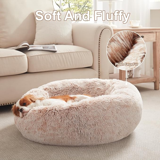30 inches Faux Fur Fluffy Donut Dog Bed for Medium Dogs,Brown | Calming Plush Round Pet Bed with Removable & Washable Cover,Fits up to 45 lbs Pets