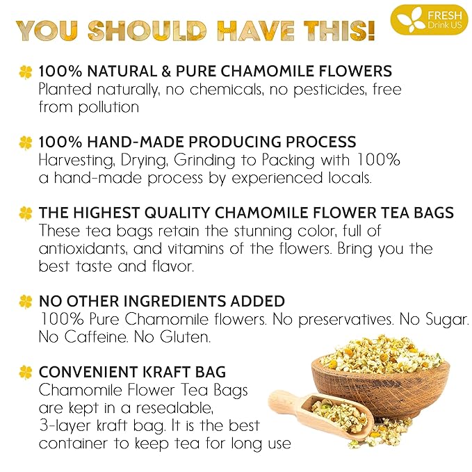 FRESHDRINKUS, 135 Chamomile Tea Bags, 100% Natural and Pure Chamomile Flowers, Eco-conscious Tea Bags. Chamomile Flower Herbal Tea. No Sugar, No Caffeine, No Gluten, Vegan.