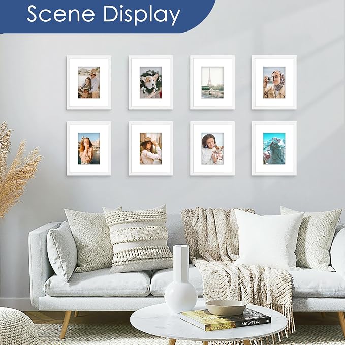 8x10 Picture Frame Set of 6, Wall or Tabletop Display, White | Display Pictures 5x7 with Mat or 8x10 Without Mat, Horizontal or Vertical, Gallery Wall Frame Set, Wedding Birthday Gifts