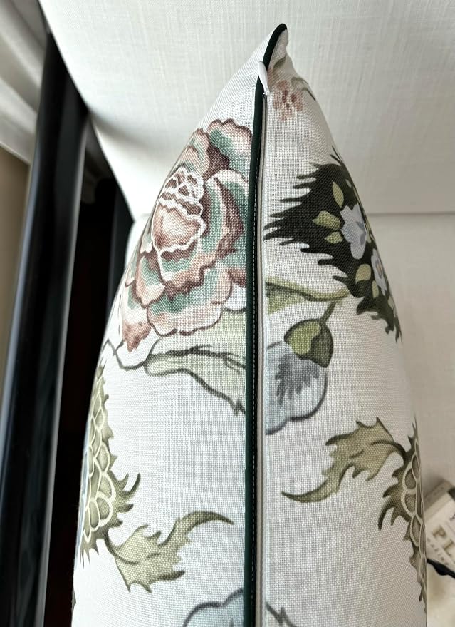 Blue Rose Floral Print 20x20 Throw Pillow Cover | Blue rose floral bouquet on off-white slub, green piping; both sides printed; hidden zip; cover only