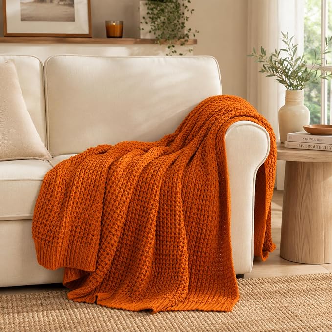 Burnt Orange Throw Blanket for Couch, Fall Waffle Knit Throw Blanket 50x60 | Chunky Chenille Throw Blanket, Soft Warm Decorative Fall Blanket for Sofa Bed, Ideal Fall Home Decor