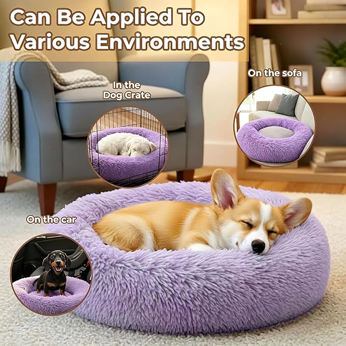 Calming Donut Dog and Cat Bed for Indoor Cats, Anti-Anxiety Round Fluffy Soft Washable Small Pet Bed for Puppy and Kitten, Warming Comfortable Luxury Anti-Slip Waterproof Mute Base 20in Purple