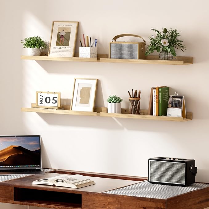 upsimples Floating Shelves for Wall Decor Storage, Natural, 6Pcs, 23.6'' | Wall Mounted Wood Shelves for Living Room, Bedroom, Bathroom, Kitchen, Office, Nursery Room, Coffee Bar Display and Organize