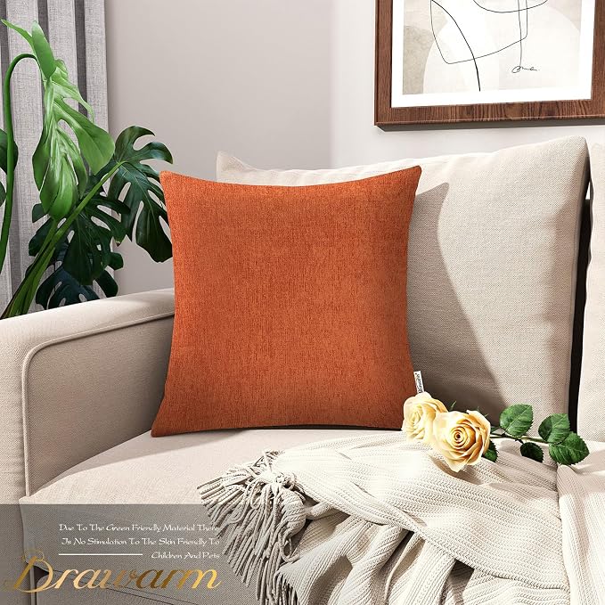 BRAWARM Throw Pillow Covers 16x16 Inches - Burnt Orange Chenille Pillow Covers Pack of 2, Solid Dyed Soft Chenille Pillow Cases for Couch Sofa Bed Home Decoration
